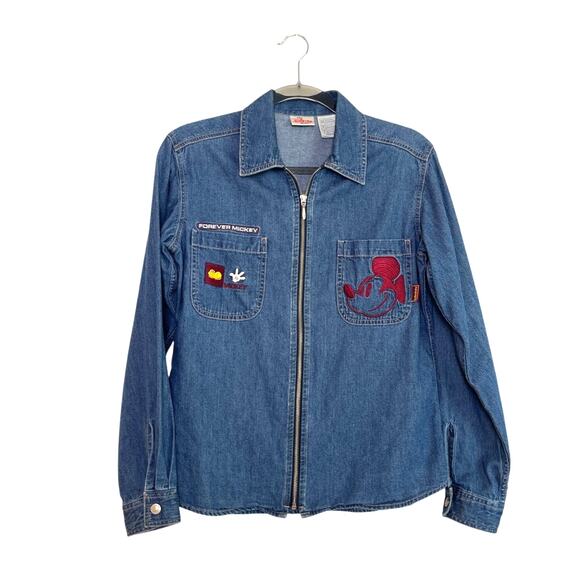 Vintage Disney Store 90s Mickey Mouse Embroidered Zip Up Denim Shacket Sz Small - Picture 1 of 6